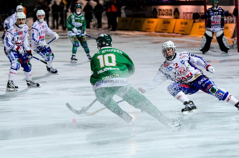 Swedish professional bandy teams Hammarby and Kungälv compete in Stockholm. Bandy is one of two demonstration sports for the 2014 Olympic Games. Photo courtesy of Jens Söderblom.