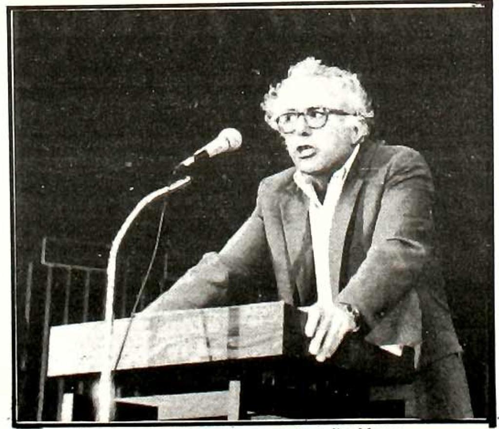 Senator Bernie Sanders addresses Macalester in 1987 in Weyerhaeuser Chapel. Photo by Heidi Freund, reprinted from the April 3, 1987 issue of The Mac Weekly.