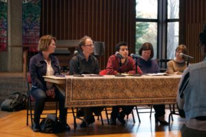 Speakers contribute to a panel at the community discussion on Wednesday. Photo by Jen Katz ’19