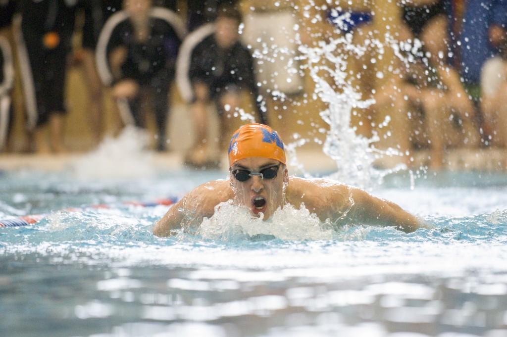 Ted Metz ’13 swims during the Roger Ahlman Invitational on Nov. 17.  Metz is one of two seniors on the men’s swimming and diving team, which finished seventh out of eight teams at last weekend’s MIAC Championships.  Photo Credit: Christopher Mitchell / SportShotPhoto.com
