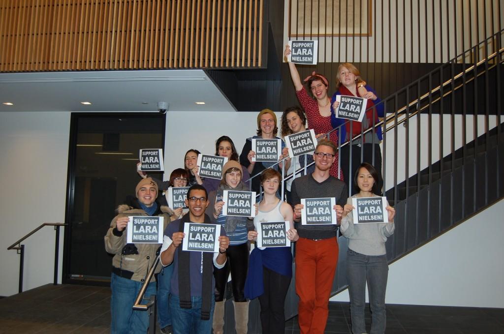 Students show their support for Lara Nielsen.  The movement has raised awareness and begun campaigns against the decision not to grant tenure to Nielsen.  Photo: Jonathan McJunkin