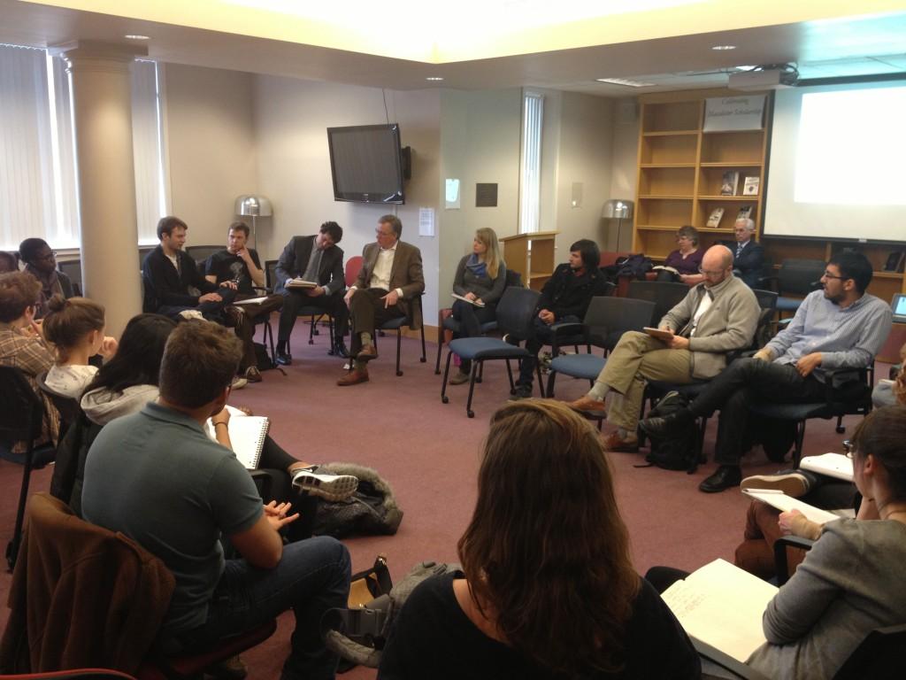 St. Paul Mayor, Chris Coleman, visited campus Monday for a roundtable discussion with students.  Twenty-two Macalester
students participated in the hour-long conversation about how to attract young people to St. Paul. Photo by Sara Staszak ’14.