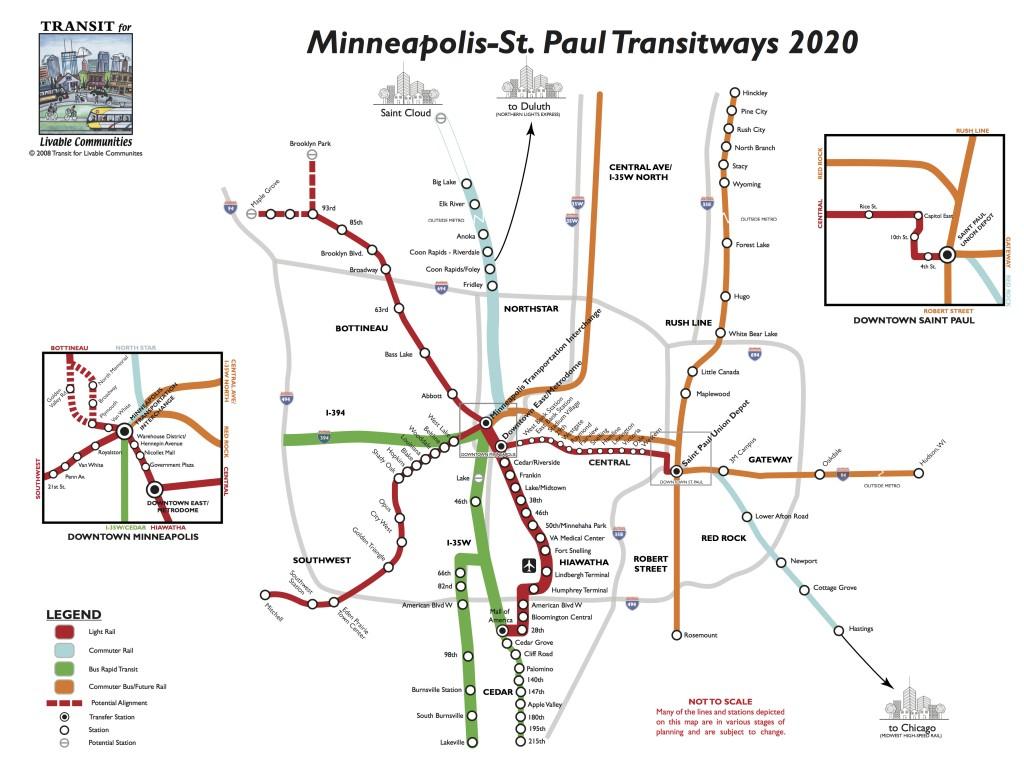 Map of proposed and planned transitways in the Twin Cities region.  From Transit for Livable Communities. 