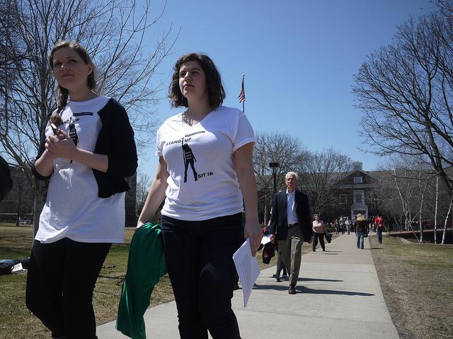 KWOC representatives Rebecca Hornstein 13 and Sarah Knispel 15 walk into the Ruth Stricker Dayton Campus Center ahead of President Brian Rosenberg before their meeting Friday afternoon. Photo credit: Kyle Rosenberg 13