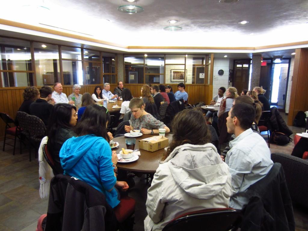 Participants filled the CRSL during lunch Tuesday for a panel of professors and staff speaking about religion in their life and work.  Professors Wessam El-Meligi, Lin Aanonsen, David Bressoud, and Zornitza Keremidchieva, Dean of Students Jim Hoppe and DML coordinator Afifa Benwahoud shared stories from their experiences with religion and spirituality. Photo by Sonia Pollock ’15