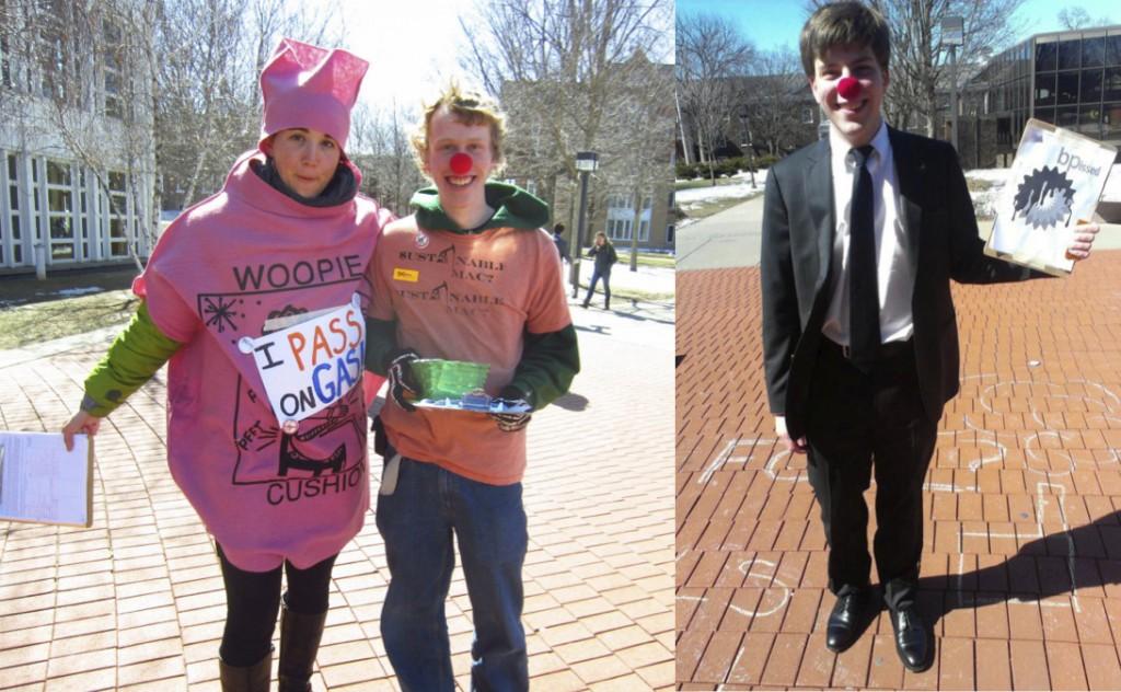 Left: Shaina Kasper ‘13 and Rick Beckel ‘15 seek student signatures on a petition asking Macalester to divest from fossil fuels. Right: Andy Timm ‘15 dressed as a mock BP executive during Fossil Fools Day.  More than 950 students signed a petition asking for divestment. Students dressed in costumes and handed out stickers and pins throughout the day. Photos courtesy of Fossil Free Macalester.