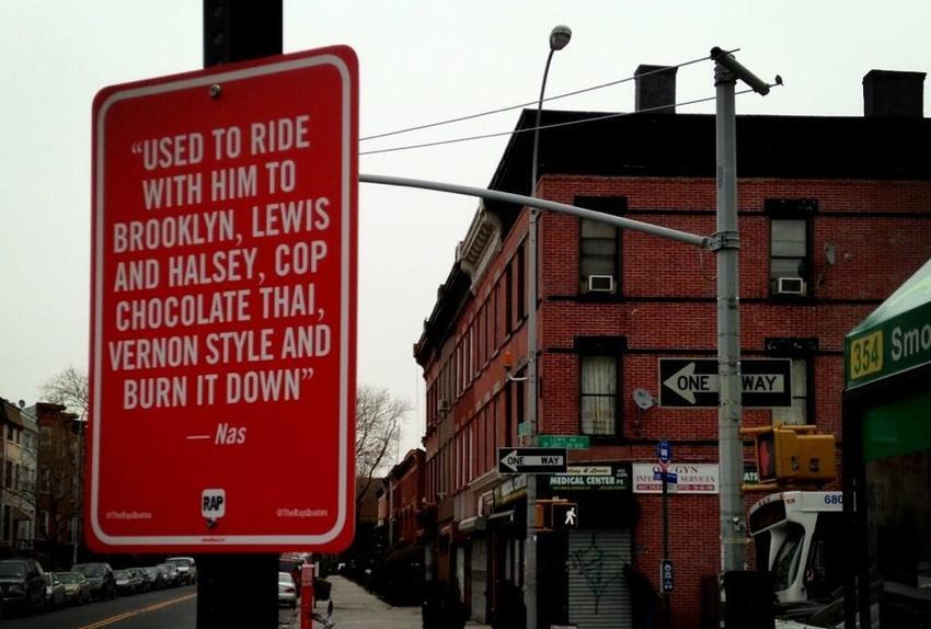 This installation in New York incorporates hip hop lyrics referencing a specific neighborhood into the built environment itself. From mashable.com