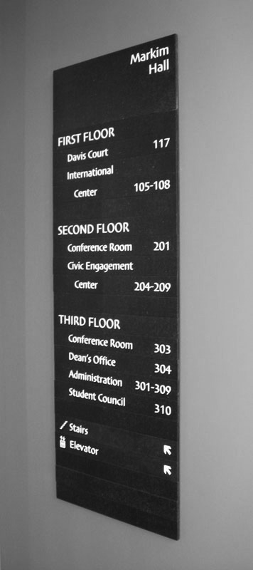 Wayfinding signs, like the one above found in Markim Hall would be added to mor places around campus. Photo credit: Visual Communications