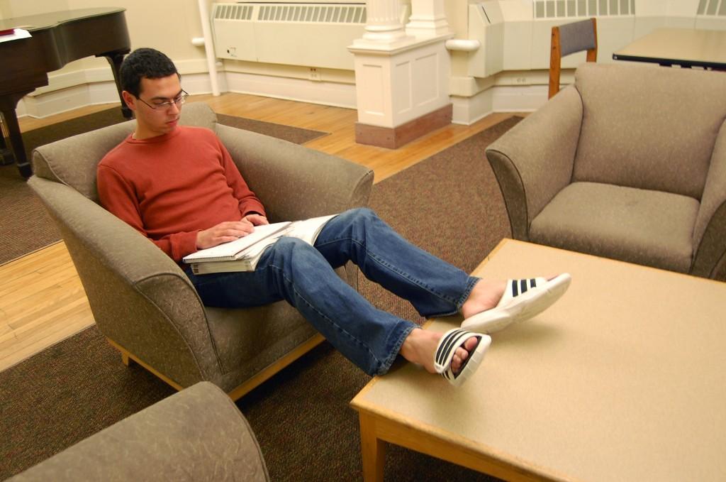 Zach Gilfix ’16 studies in the Wallace formal lounge, one of the select locations Daniel Surman ’14 recommends for late-night studying at Mac. 