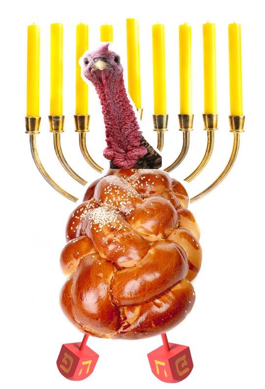 A potential mascot for the infrequent holiday, combining a turkey head with many Chanukah symbols. Photo from apartmenttherapy.com