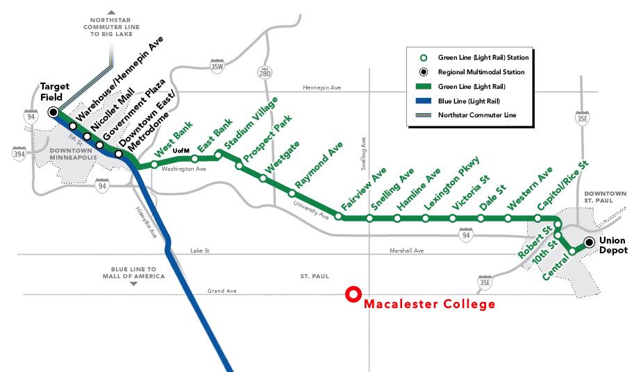 The Green Line, slated to open four months from today, will provide direct service between Downtown St. Paul and Downtown Minneapolis. The Snelling Avenue stop will allow for easy access between the line and Macalester. Graphics courtesy of MetroTransit and Naomi Guttman ‘16.