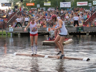 Gretchen Greene (left) ’17 began logrolling when when she was nine. She won the semi-pro World Championships when she was 15. After going pro at age 16, she won the professional division as well two years later. Photo courtesy of Amber Scarborough.