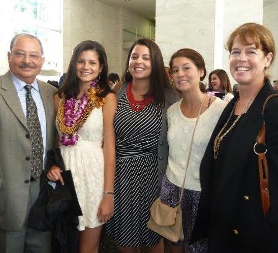 Francesca Zepeda ’16 poses with family at her high school graduation. Zepeda is a first generation college student at Macalester. In the photo from left: Zepeda’s father, Francesca Zepeda ’16, her sisters, and her mother. Photo courtesy of Francesca Zepeda ’16.