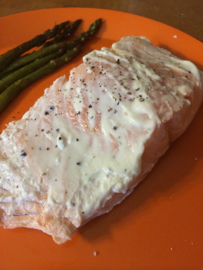 Salmon with herb cheese and lemon-peppered asparagus as a side.  Photo by Alexander Bentz ’14.