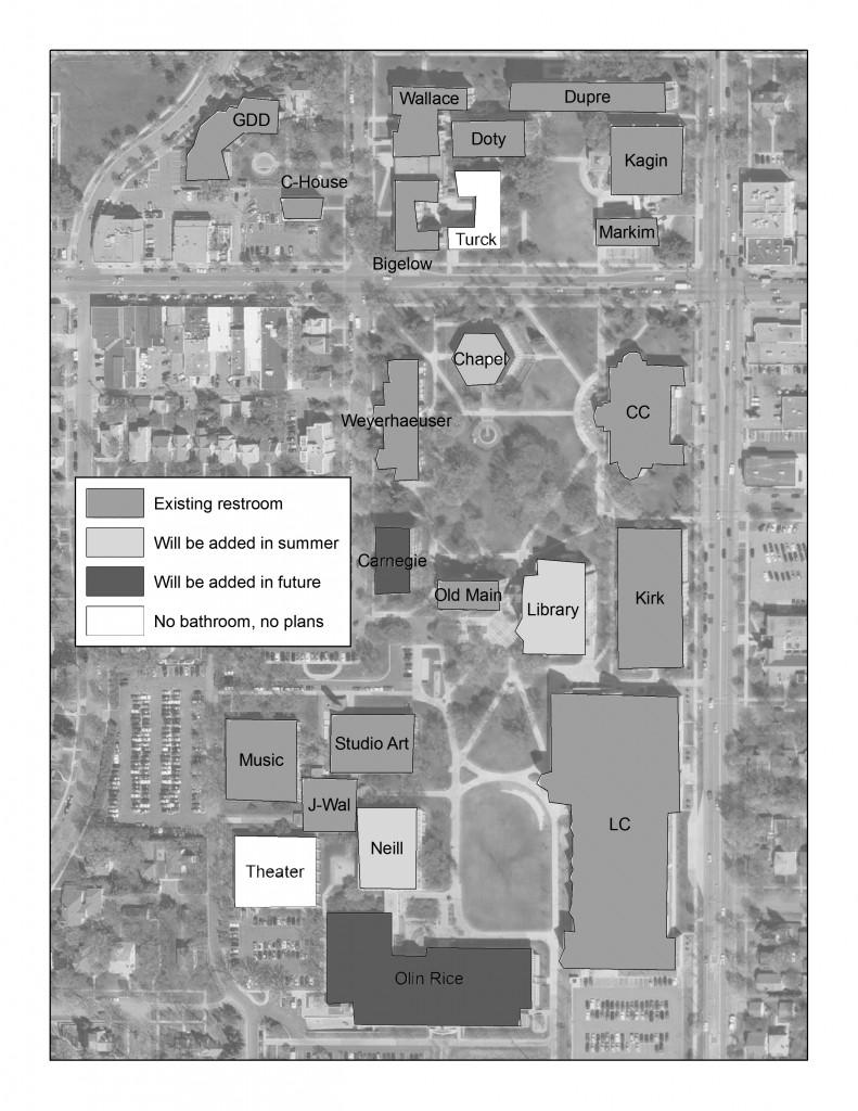 Plans exist to designate all-gender restrooms in the library and Neill Hall over the summer. Plans for Olin Rice and Carnegie also exist. Graphic by Joe Klein ’16.