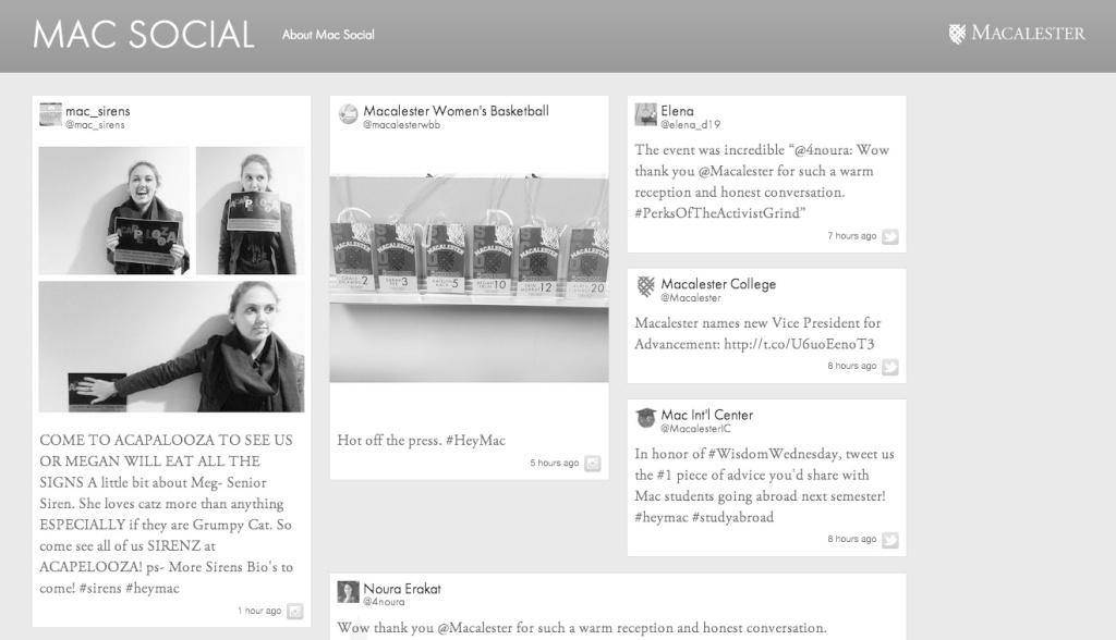 Mac Social aggregates posts from Twitter and Instagram. Photo courtesy of macalester.edu/macsocial