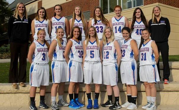 The+2014-2015+Womens+Basketball+team+poses+in+front+of+the+Leonard+Center.+Photo+courtesy+of+Macalester+College+Athletics.