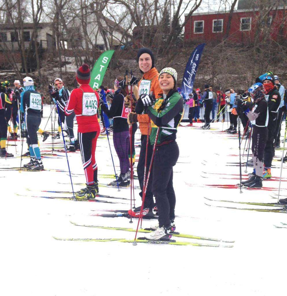 First year skiier Emi Morison (right) placed second in her division at the City of Lakes Race in Minneapolis. Photo courtesy of Maddie Blain ’15.