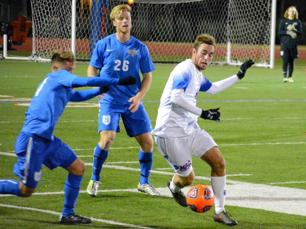 Austin Burrows ’17 at Macalester Stadium in the first round of NCAA Tournament. Burrows scored in the 89th minute to send the Scots past St. Scholastica and into the second round. *Photo by Anders Voss ’16. *