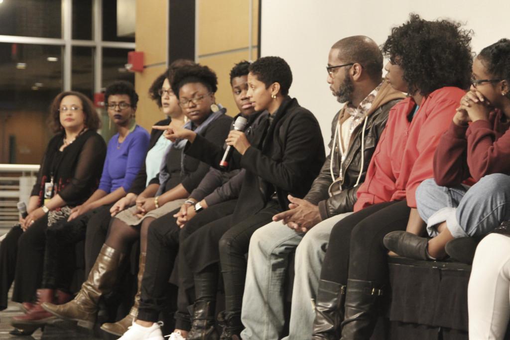 Janaya Khan (center), the founder of the BLM movement in Toronto, Canada, sat alongside leaders of the Minnesota chapter of BLM while they answered students’ questions regarding allyship, self-care and the history of activism.           
Photo by Henry Nieberg ’19.