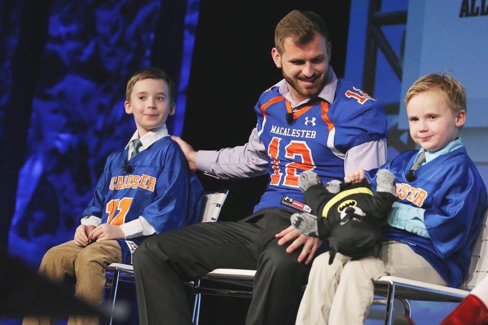 Forest Redlin ’17 in Boston with Caleb and Elijah Maaske at the Team IMPACT Gala. Team IMPACT pairs college sports teams with children with debilitating or chronic illness. Photo courtesy of Rachael Maaske. 