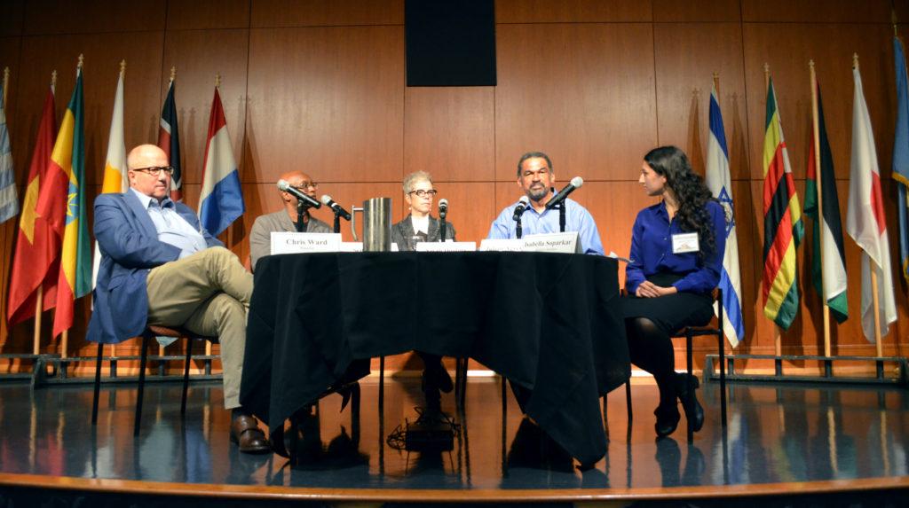 Last weekend Macalester hosted the 23rd International Roundtable on urban sustainability. The plenary speakers (from left to right: Chris Ward ’76, Seitu Kenneth Jones, Sarah Dooling, Julian Agyeman) and student Isabella Soparkar ’18 discussed strategies for individual and collective actions to create more sustainable cities last Friday. Photo by Maddie Jaffe ’17.