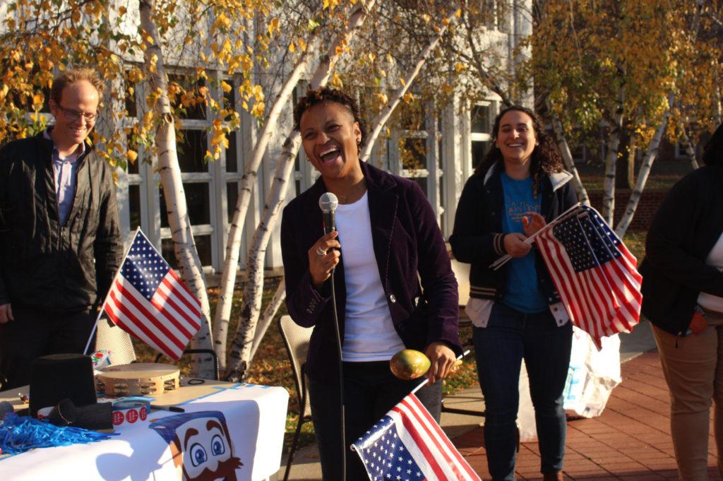 Dean of Students DeMethra LaSha Bradley leads a voting parade on Election Day. Photo by Shireen Zaineb ’20.