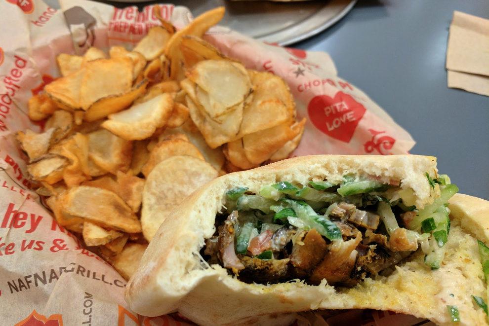 Chicken shawarma pita with restaurant’s specialty chips. Photo by Henry Nieberg ’19.