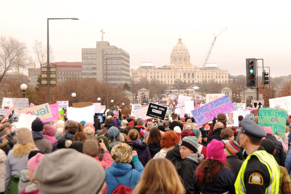 Between 90,000 and 100,000 people converged on the St. Paul Capitol building on Saturday, Jan. 21 for the Minnesota Women’s March.  Photo by Maya Rait ’18.