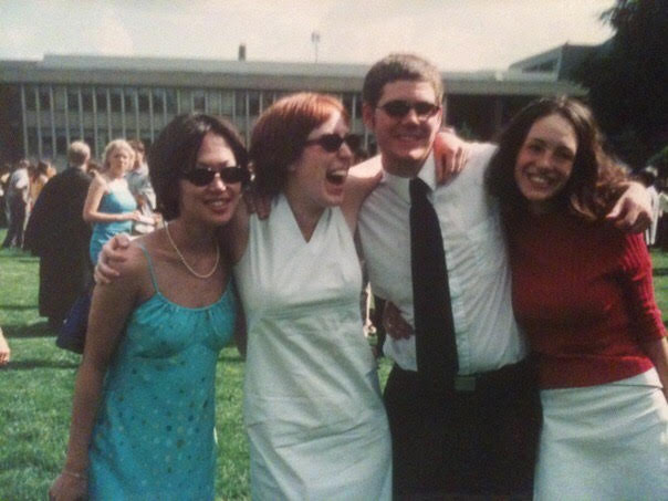 From left to right: Masami Kawazato ’00, Emily Gibson ’00,  Austin Rogers ’00 and Julia Blackburn ’00 at Commencement in 2000. Rogers graduated from Macalester with a history major and one exam short of a music major. Photo courtesy of Aaron Rogers.