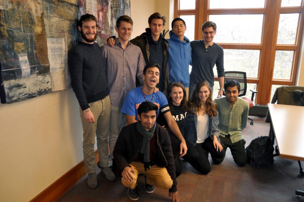 Members of The Vatican soccer team gather for a team conference in the Campus Center. Back row, left to right: Johannes Davies ’18, Ahren Lahvis ’18, Darian von Finckenstein, Jongwon “Hans” Han ’19, Greg Zacharia ’18. Middle row, left to right: Kabir Sandrolini ’18, Hannah Viederman ’18, Leah Meisel ’20, Rohit Kamath ’18. Front row: Haroon Malik ’19.