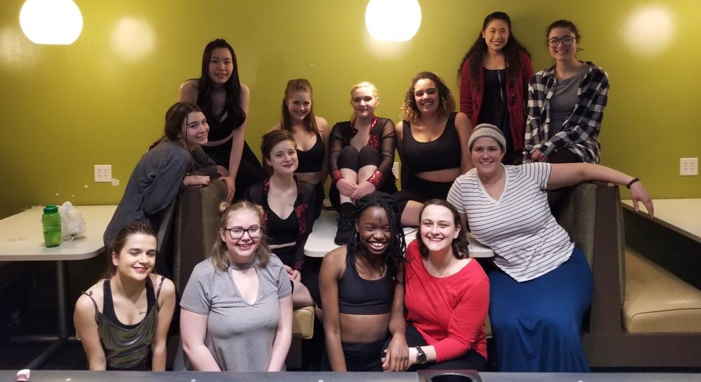 The dramaturg (Rachel Ault ‘18, front row, first from right) and director (Signe Harriday, second row, first from right) pose for a photo with the cast during the final tech rehearsal in the Loch. Photo by Syed Hasan ‘19.