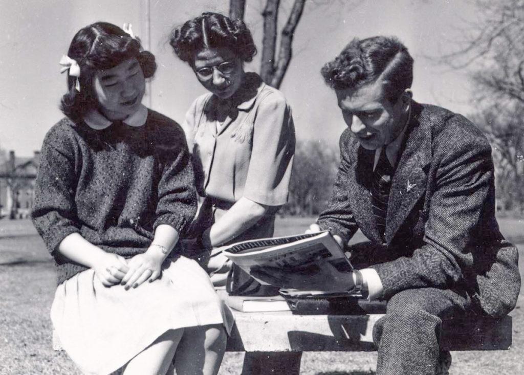 Founder Esther Suzuki with a group of friends during her time at Macalester. Suzuki graduated from Macalester in 1946 and is remembered, along with Catharine Lealtad, with the Lealtad-Suzuki Center. Photo courtesy of Macalester Archives.