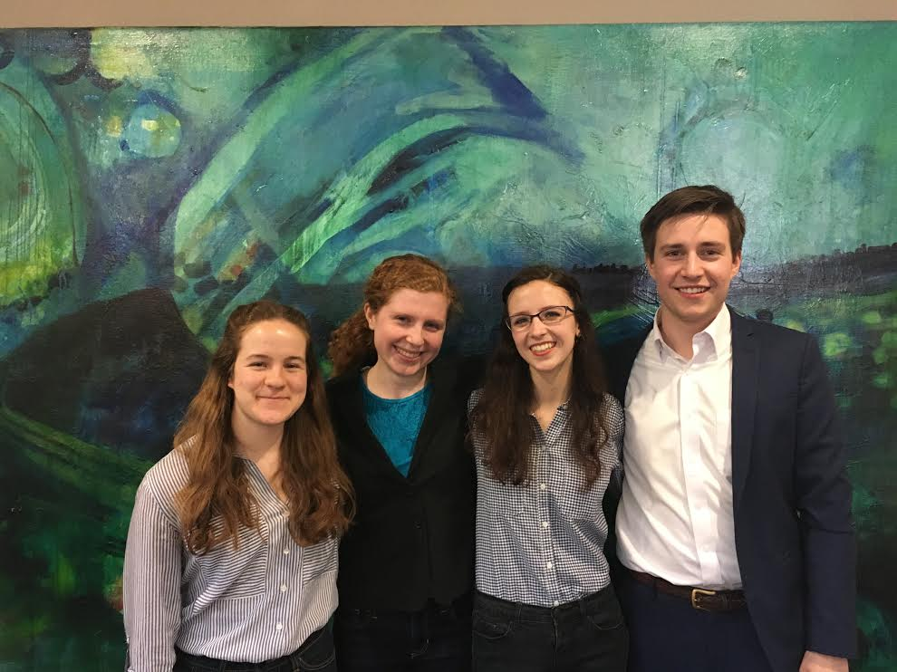 Members of Fossil Free Mac. From left to right: Malia Becker 20, Hannah Shumway 19, Liv Scott 20 and Jack McCarthy 18.