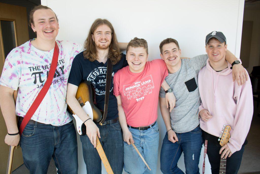 Left to right: Kevin Omodt ’20, Rob Stokes ’20, Jack Lickerman ’21, Austin Dischinger ’18 and Karl Schuetzle ’20, the five members of as if they were bears., winners of the 2018 Battle of the Bands. Photo by Carmen Bustamante ’18. 