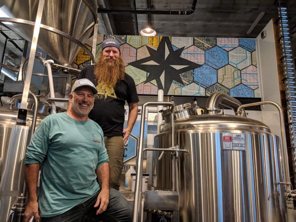 Head brewer Max Filter (top) with his father, Kevin Filter, a Macalester alum. Photo by Henry Nieberg ‘19.