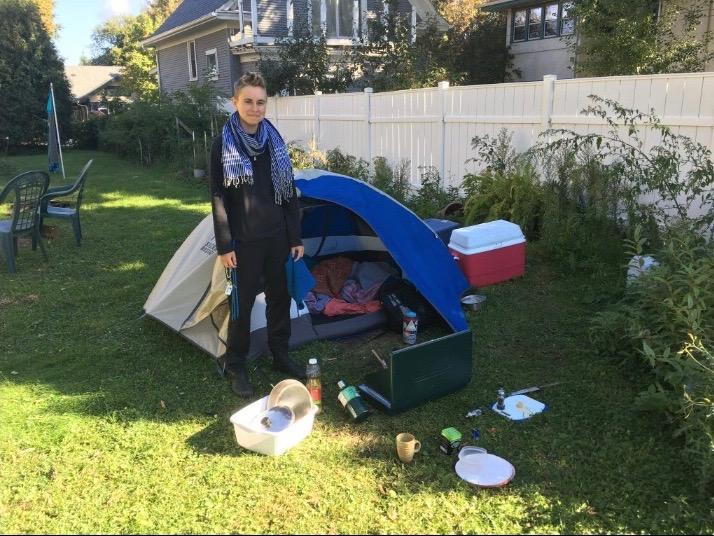 Stoner ’18 outside her tent in St. Paul. Photo by Willa Childress ’17.