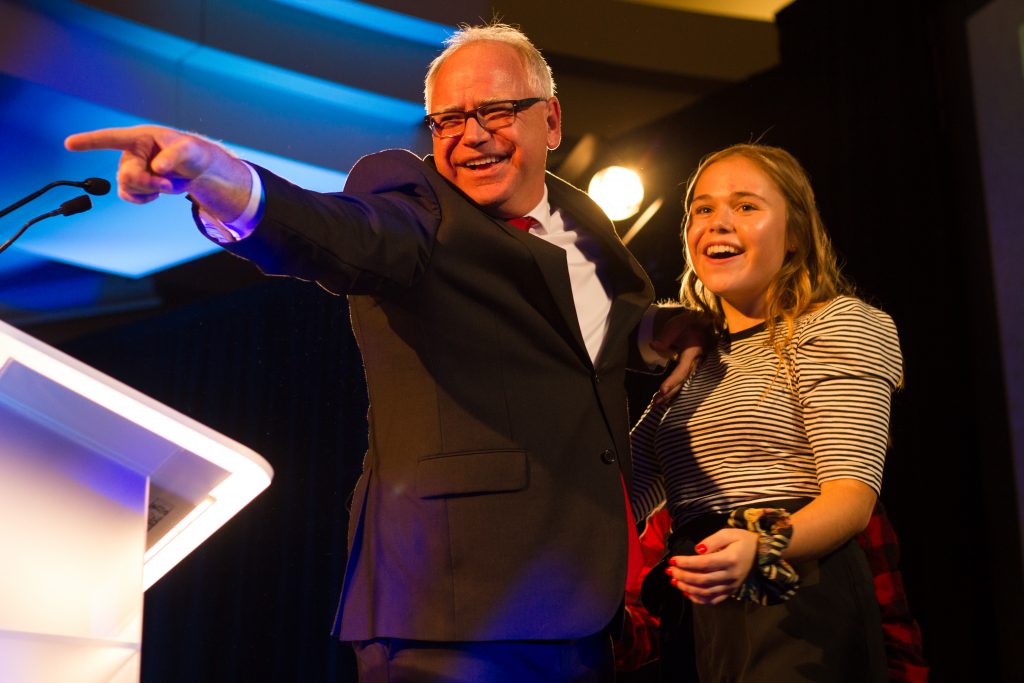 Governor-elect+Rep.+Tim+Walz+%28D-MN%29+celebrates+on+stage+with+his+daughter+at+the+DFL+election+night+party.+Photo+by+Celia+Johnson+%E2%80%9822