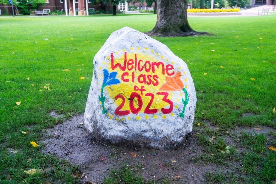 Old Main rock decorated in honor of Macalester class of 2023. Photo by Summer Xu 20.