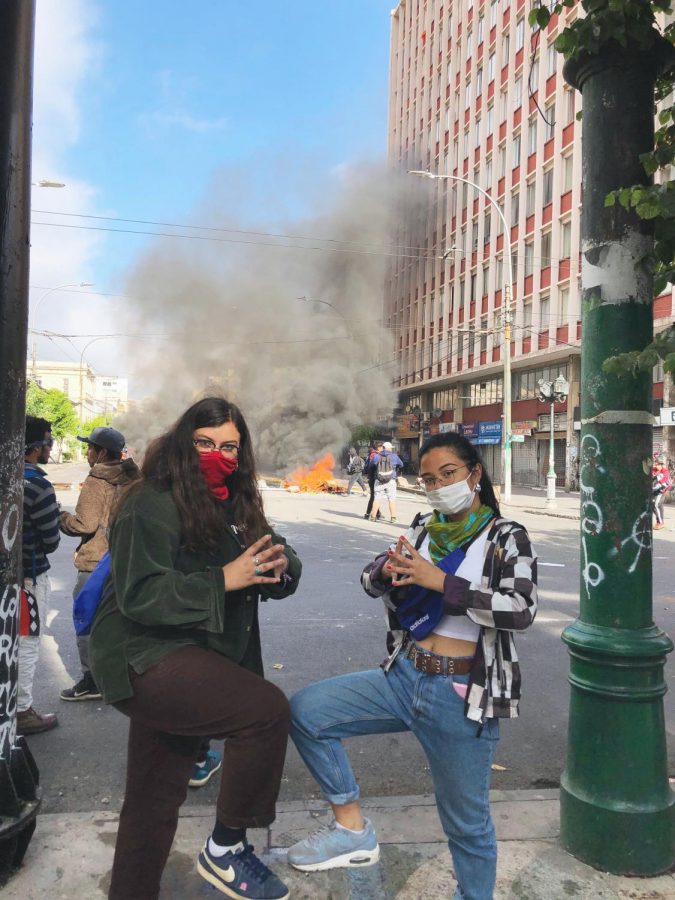 Gabi Estrada ‘21  and Tori Gapuz ‘21 at a nationwide general strike on Nov. 12, at Plaza Victoria. Photo courtesy of Gapuz.