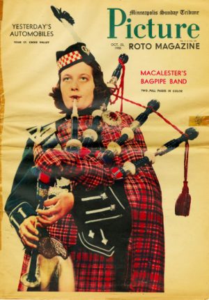 20th century magazine depicting a Macalester bagpiper. Photo courtesy of the Macalester Archives. 