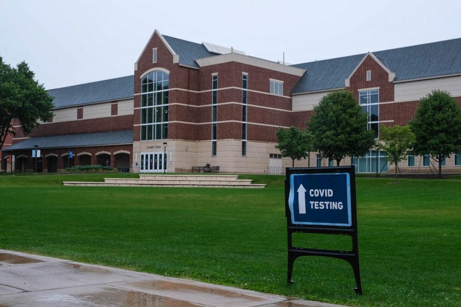 COVID testing sign in front of the Leonard Center in September. Photo by Malcolm Cooke 21.