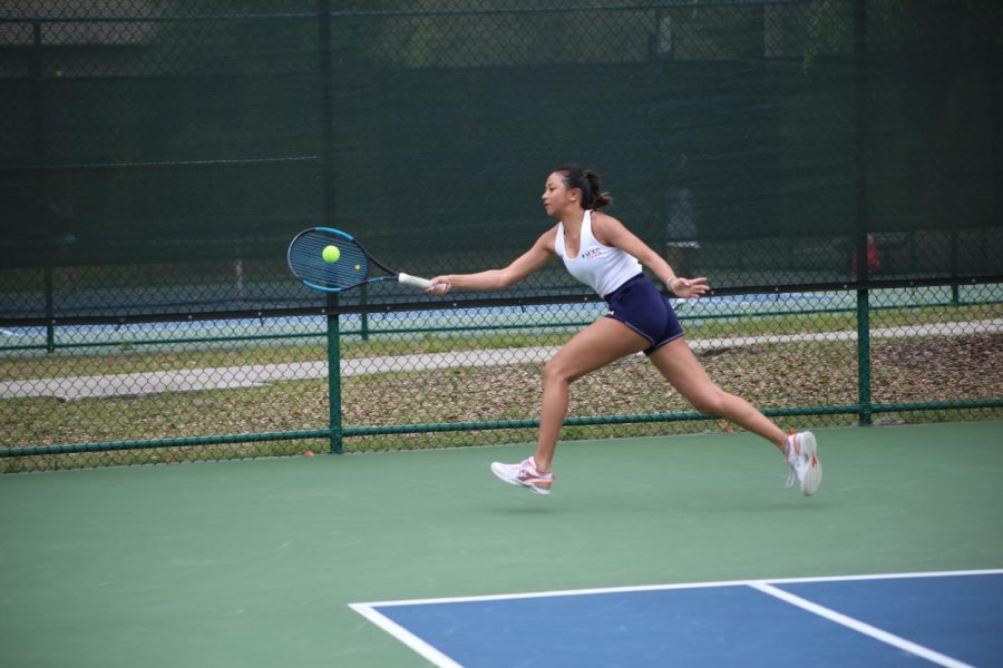 Amalin+Sorajja+23+reaches+out+to+hit+a+forehand.+Photo+courtesy+of+Macalester+Athletics.