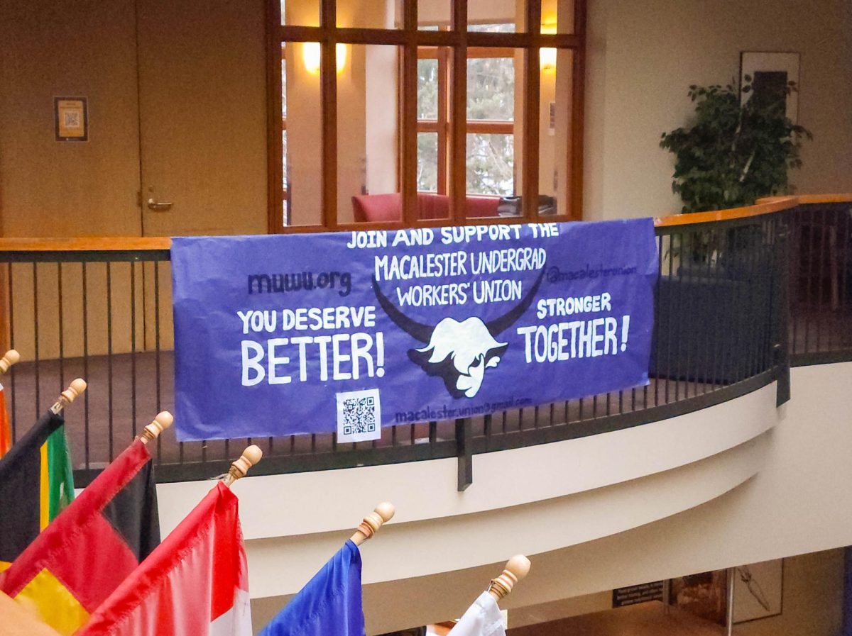 Macalester Undergrad Workers’ Union (MUWU) banner hung in the Campus Center. Photo by Rory Donaghy ’24.