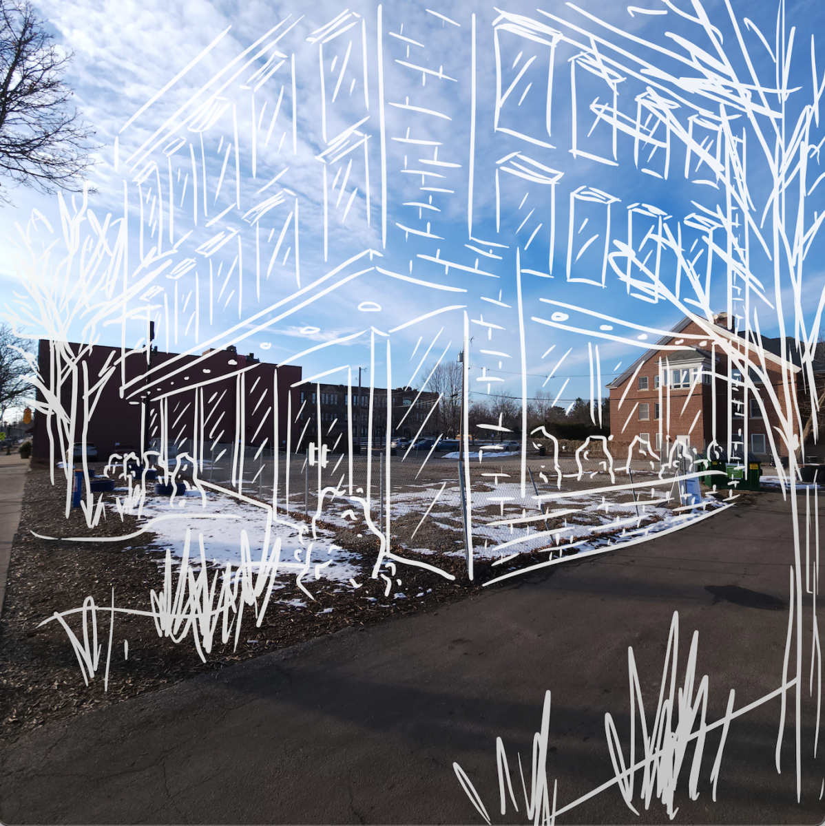 Illustrated location for new residence hall. Photo by Rory Donaghy ’24 and graphic by Zander Leong ’26.