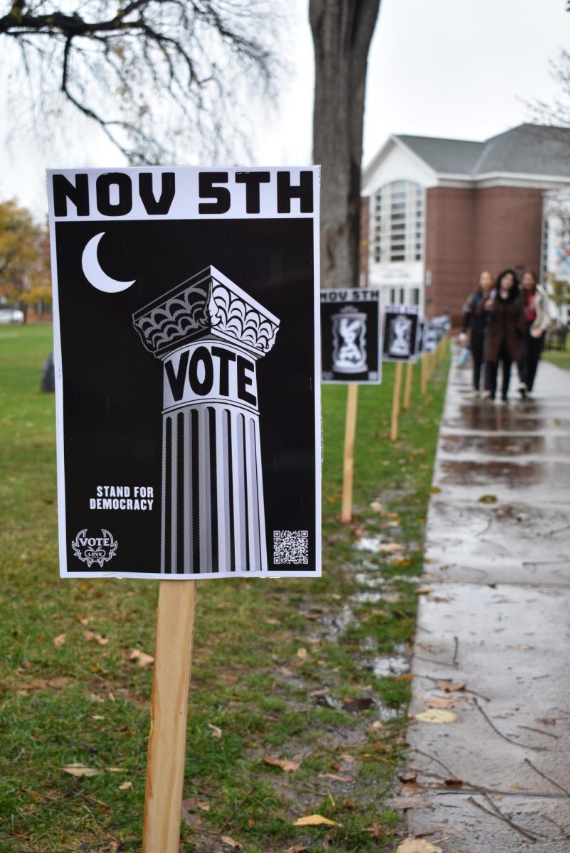 Signs urging community members to vote on the Great Lawn.